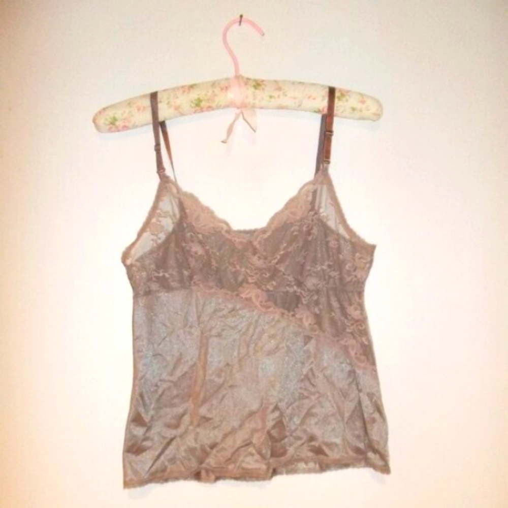 Vintage dark taupe camisole in lace and shiny fabric, sz. 34/S
